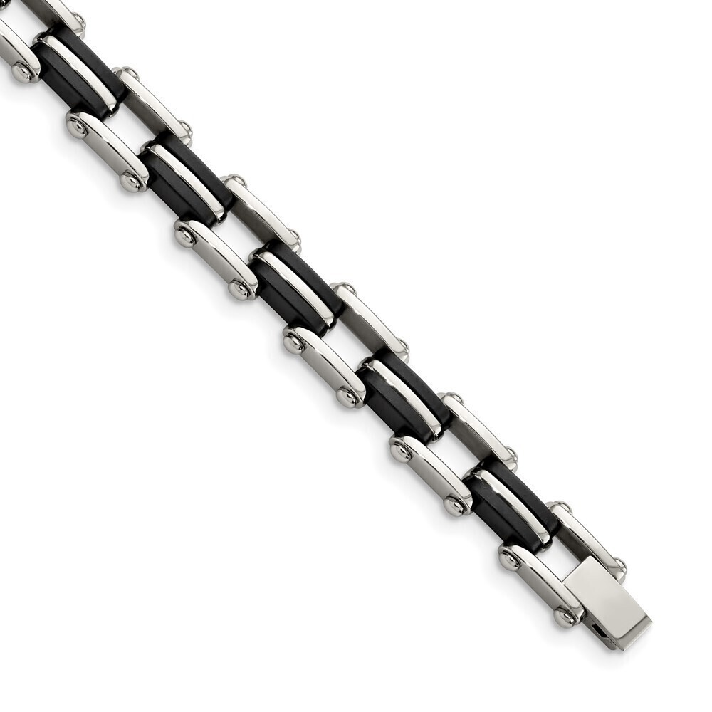 Kazi Luxury Steel Polished with Black Rubber 8.75in Link Bracelet